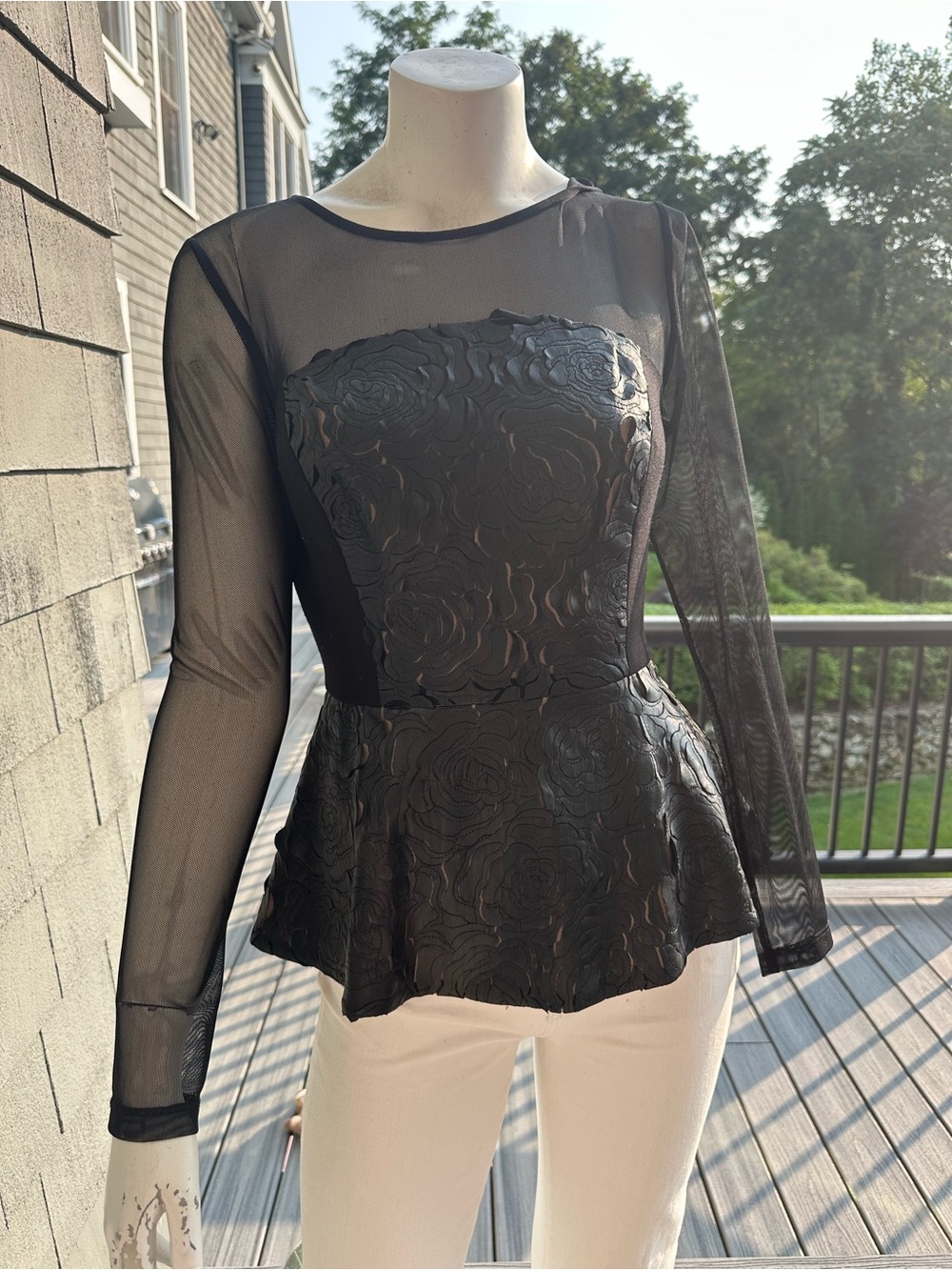 Boston Proper Black Sheer Peplum Long Sleeve Top with Embossed Floral Bodice